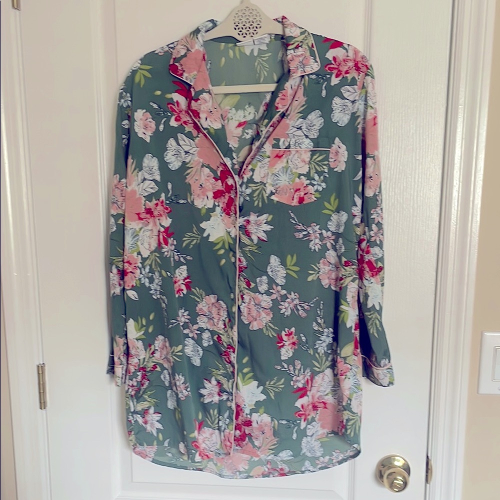 cupcakes & cashmere Green and Pink Floral Pajama Shirt Intimates